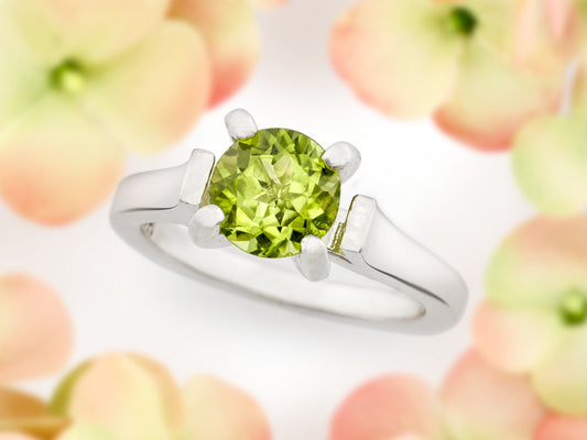 Striking Cathedral Ring featuring a brilliant 7mm round Peridot.  Sparkling August gemstone solitaire ring.