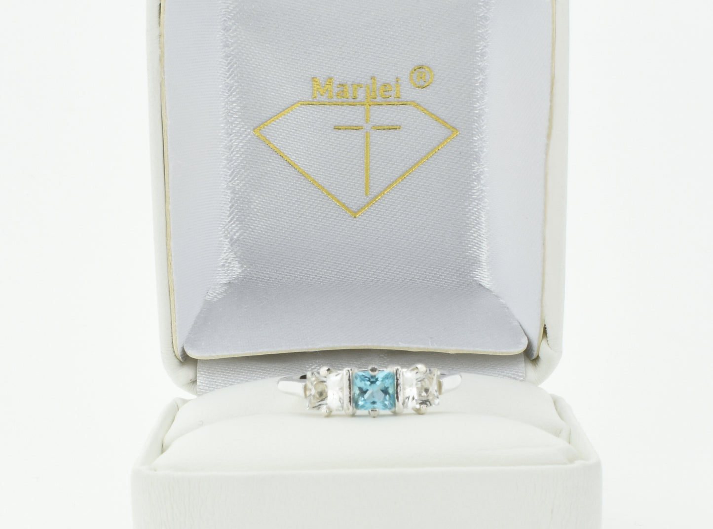 Genuine Brazilian Topaz Ring. 4x4mm Princess Cut gemstones. Swiss Blue Centerpiece with White Topaz Accents. Premium Sterling Silver.