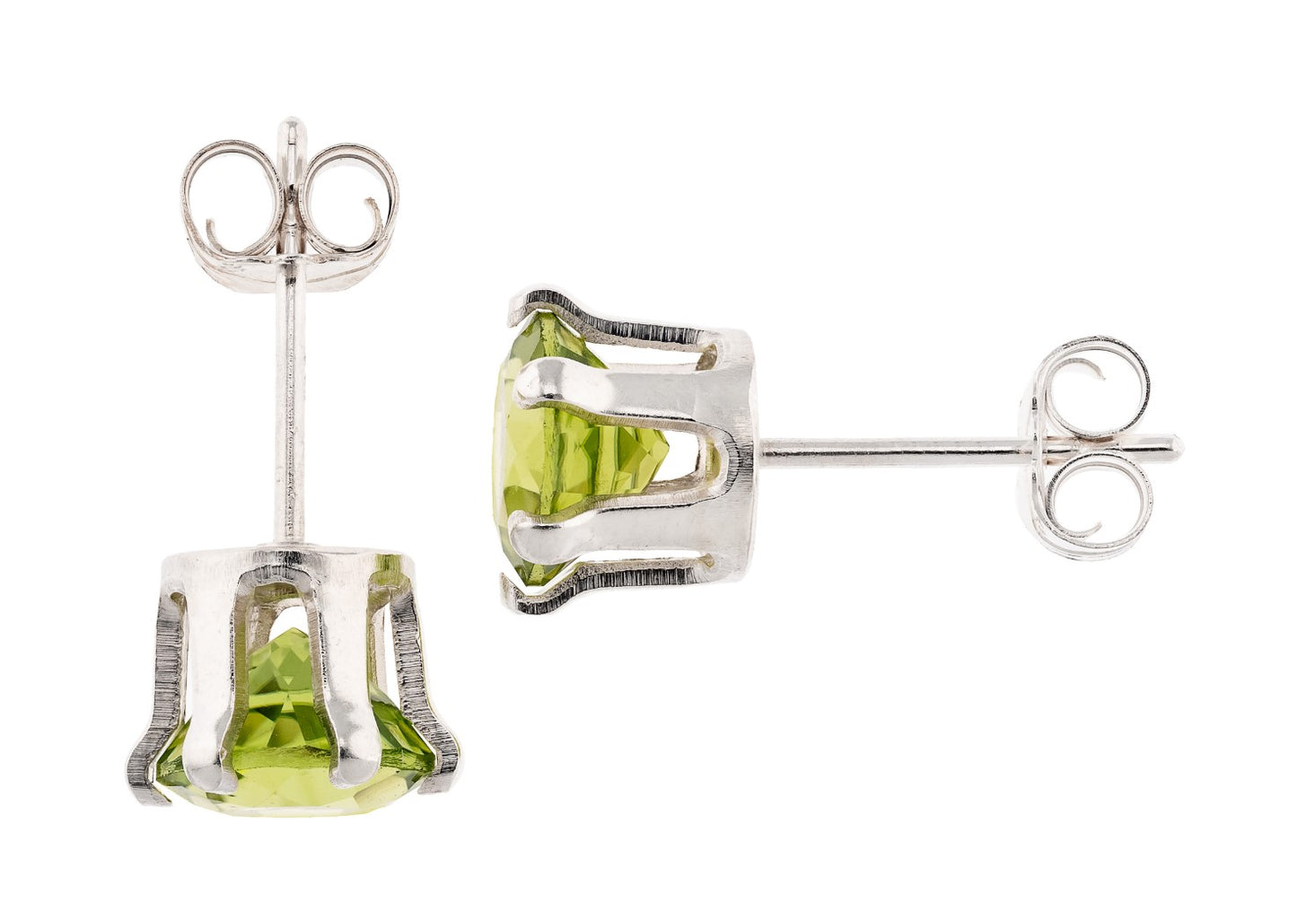 Striking Green Peridot Earrings.  6mm Round, Faceted.  Sterling Silver Earrings with Butterfly and Bullet Backs.