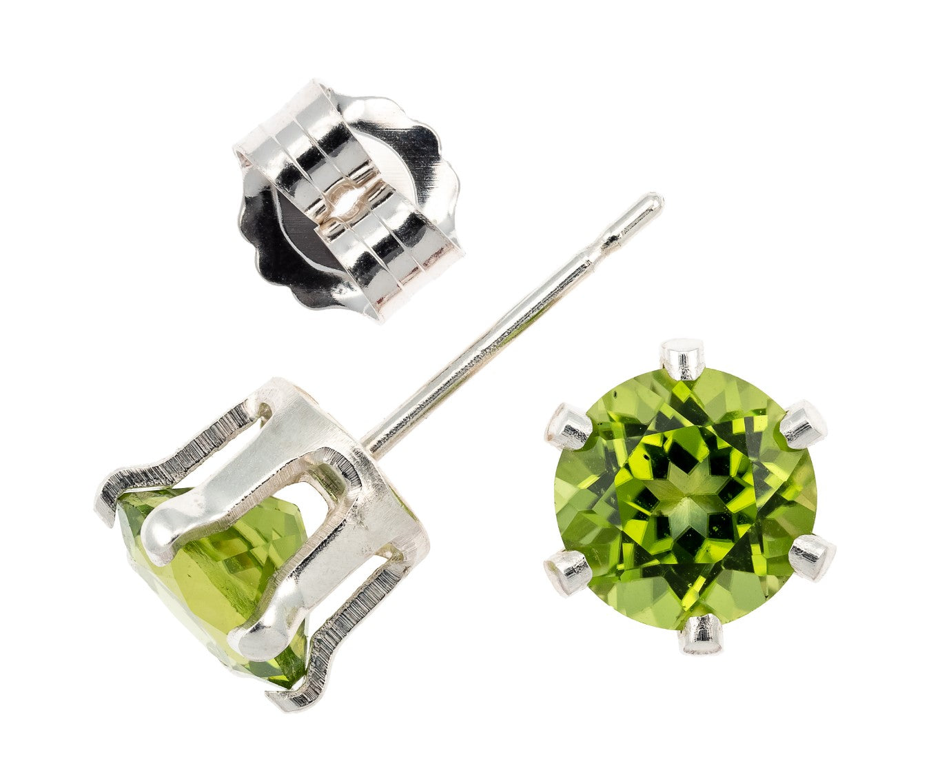 Striking Green Peridot Earrings.  6mm Round, Faceted.  Sterling Silver Earrings with Butterfly and Bullet Backs.