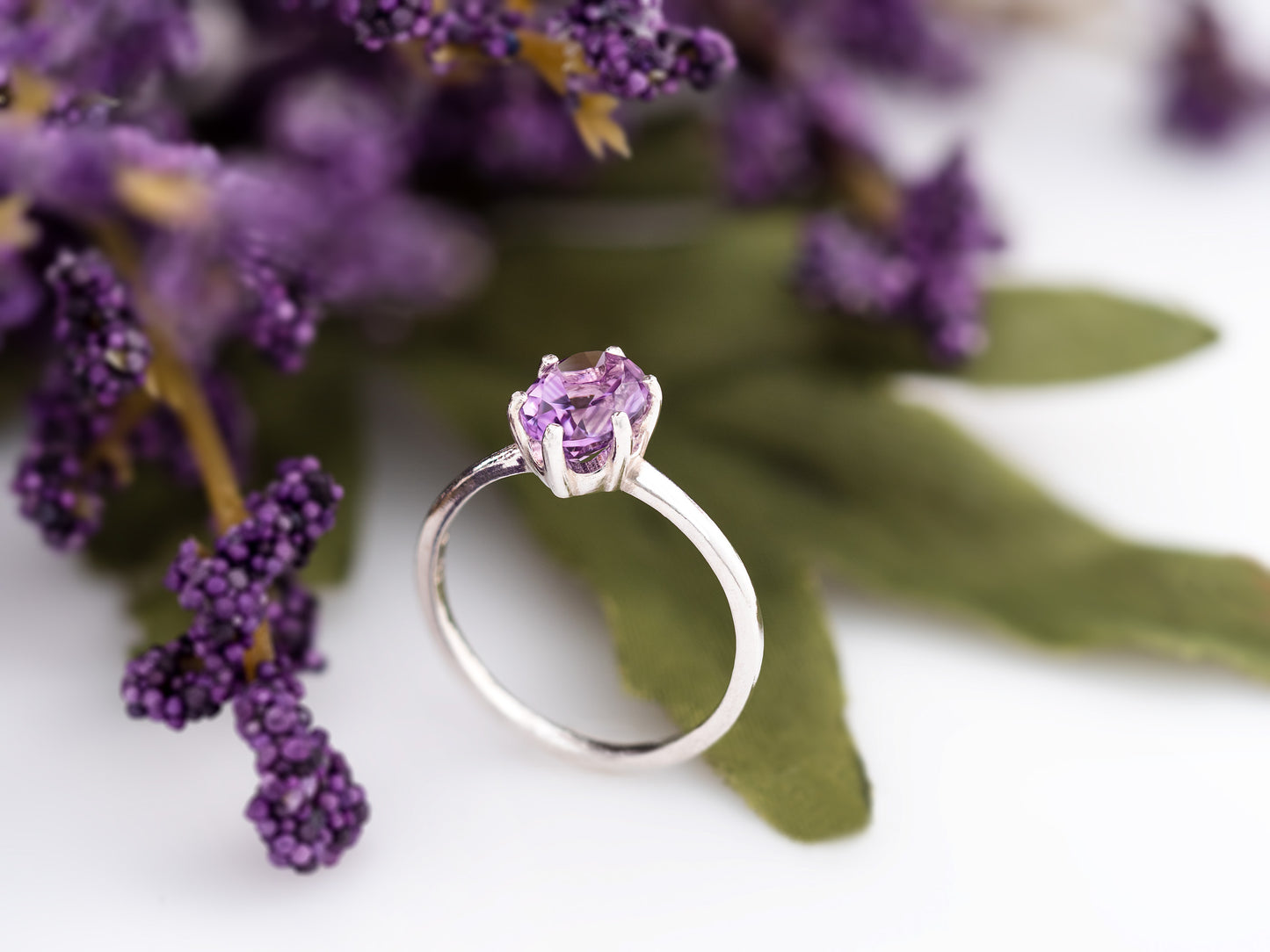 Stunning Natural 8x6mm Oval Brazilian Amethyst Solitaire Ring. February Birthstone Ring. Sparkling Purple! Classic Design.