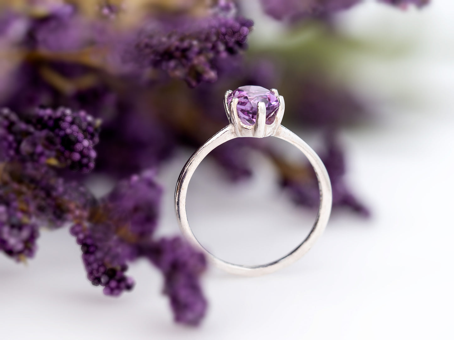 Stunning Natural 8x6mm Oval Brazilian Amethyst Solitaire Ring. February Birthstone Ring. Sparkling Purple! Classic Design.