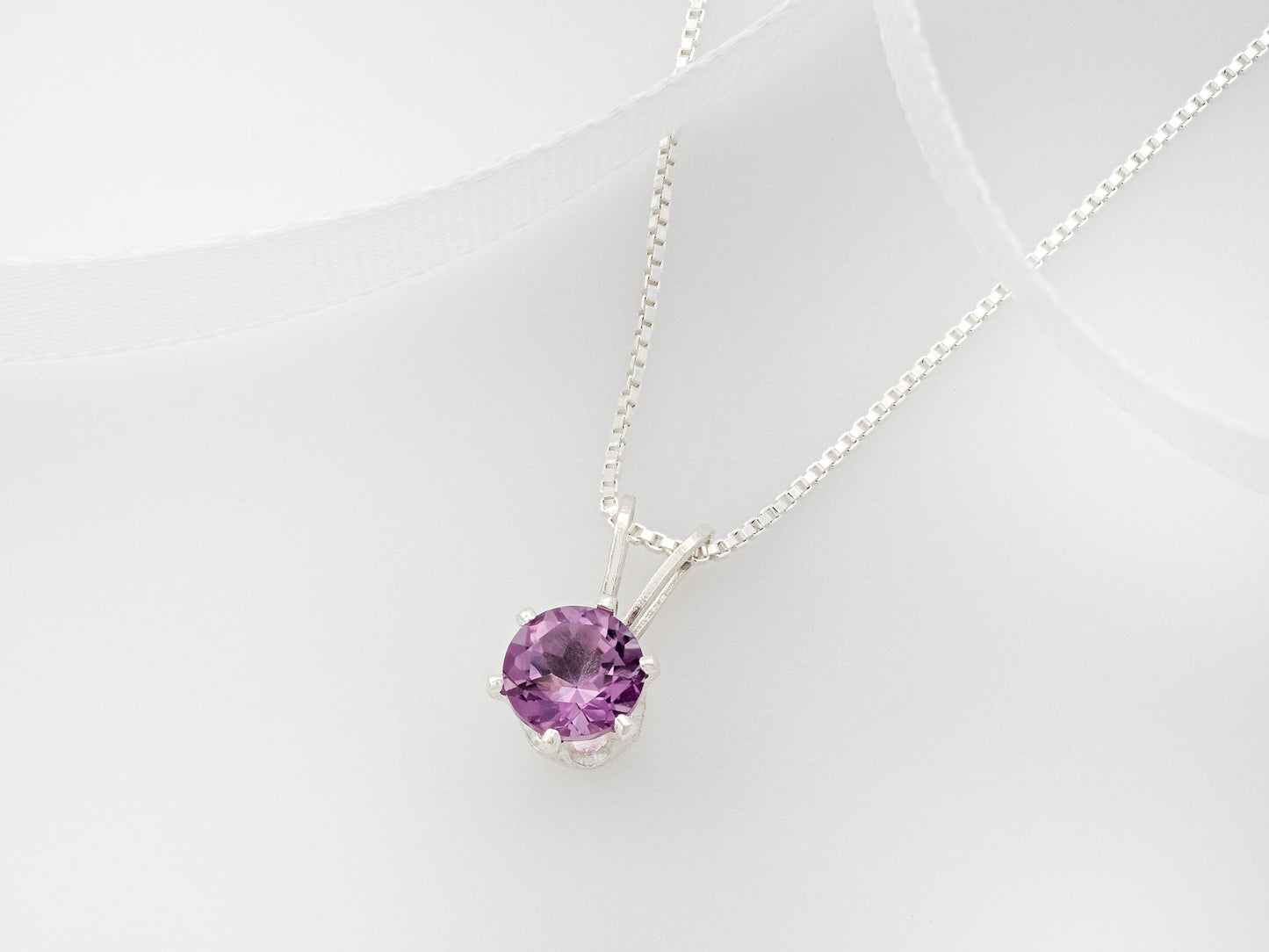 February Amethyst Necklace. Round, 5mm, Gemstone in a 6-Prong, Sterling Silver Pendant. Brazilian Purple.