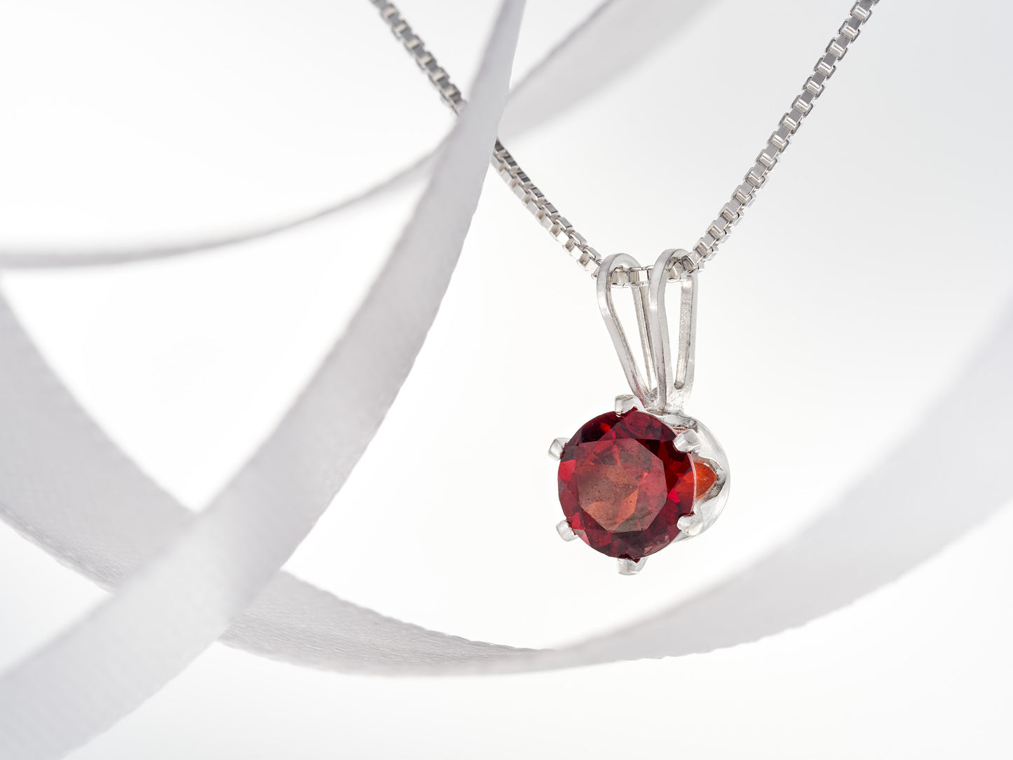 January Red, Mozambique Garnet Necklace. Round, 5mm, Gemstone in a 6-Prong, Sterling Silver Pendant.