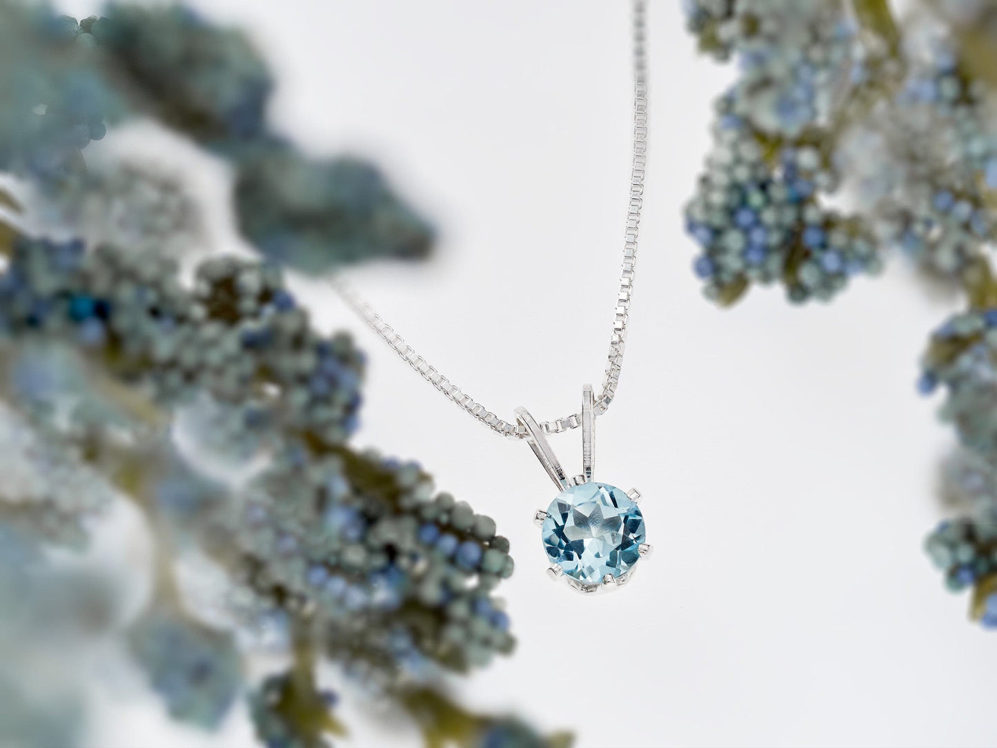 Very Light Blue Aquamarine Necklace. 5mm Round Natural Brazilian Gemstone, 6-Prong, Sterling Silver Pendant.