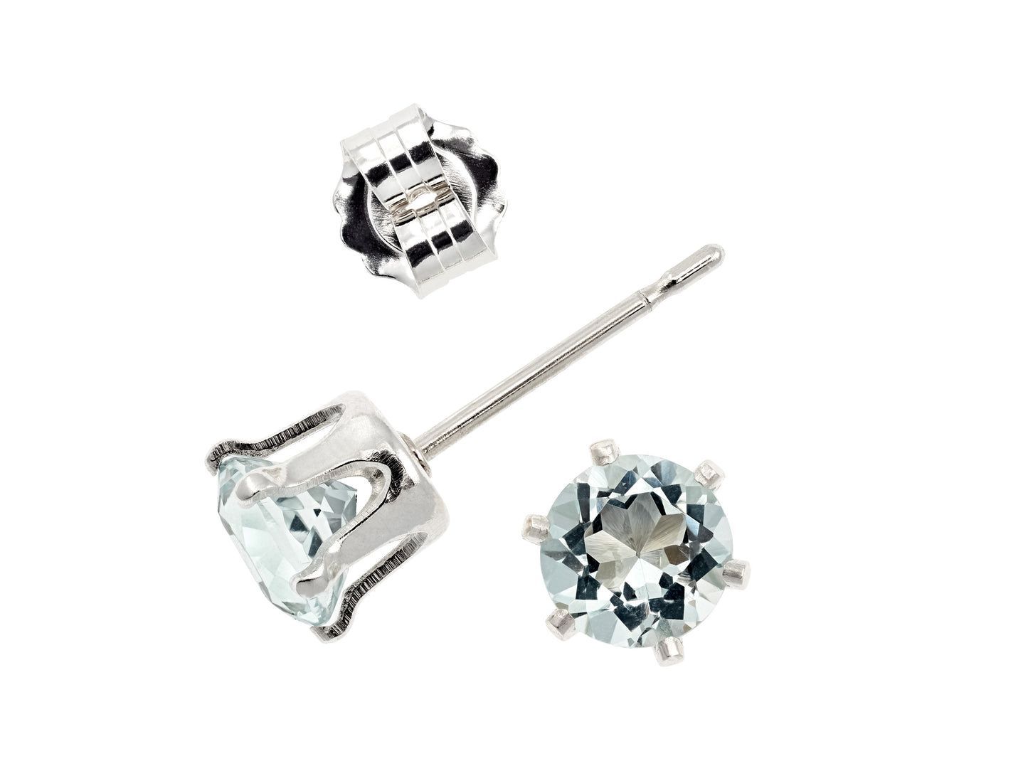 Light Blue Green Aquamarine. Natural, 5mm Round, Brazilian Aquamarine Earrings! Sterling Silver, 6-Prong Studs.