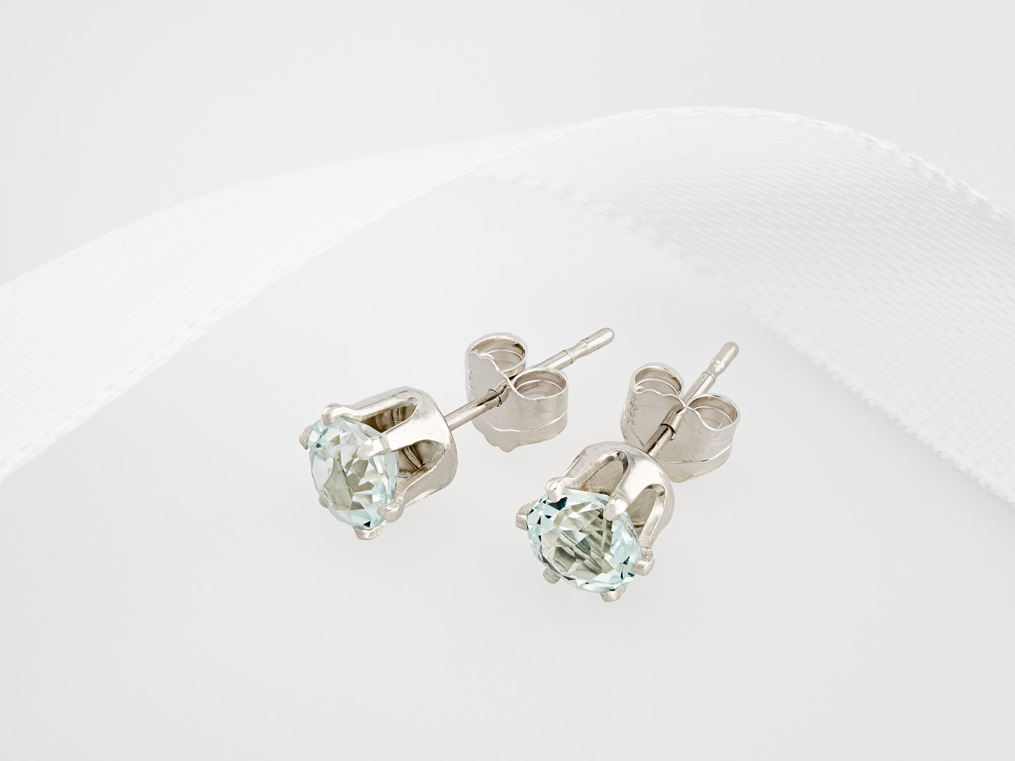 Light Blue Green Aquamarine. Natural, 5mm Round, Brazilian Aquamarine Earrings! Sterling Silver, 6-Prong Studs.