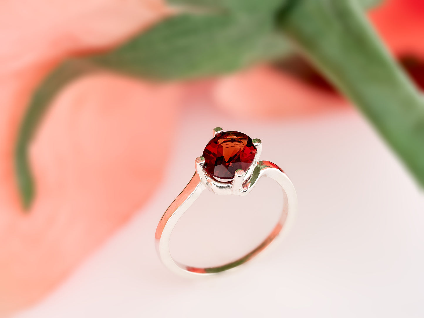 Gorgeous Almandine Garnet Ring. Sterling Silver, Oval Faceted, 8x6mm. Moderate to dark Red. Offset style, premium silver.