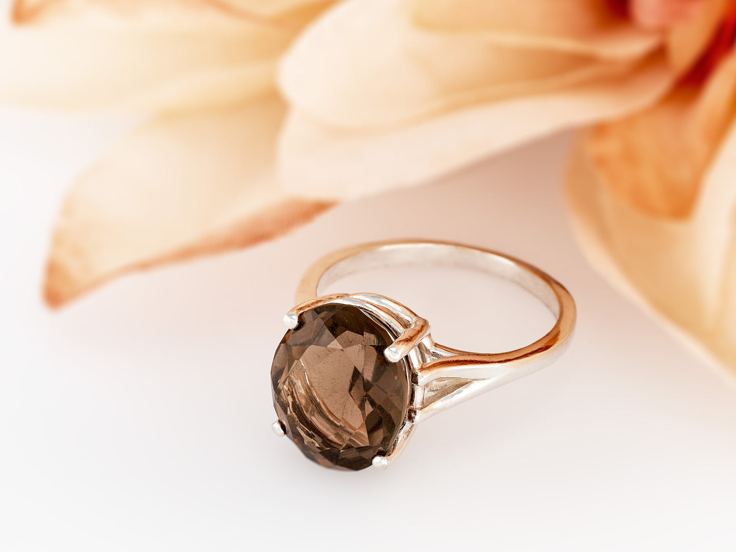 Large, Natural, Smoky Quartz Solitaire Ring.  Beautiful Brazilian Brown!  Sterling (925) Silver.  12x10mm Oval, 3.8 Carat.