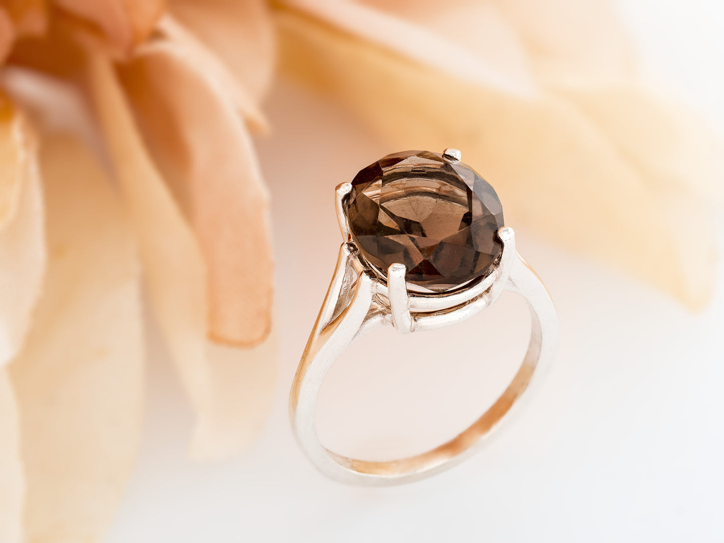 Large, Natural, Smoky Quartz Solitaire Ring.  Beautiful Brazilian Brown!  Sterling (925) Silver.  12x10mm Oval, 3.8 Carat.