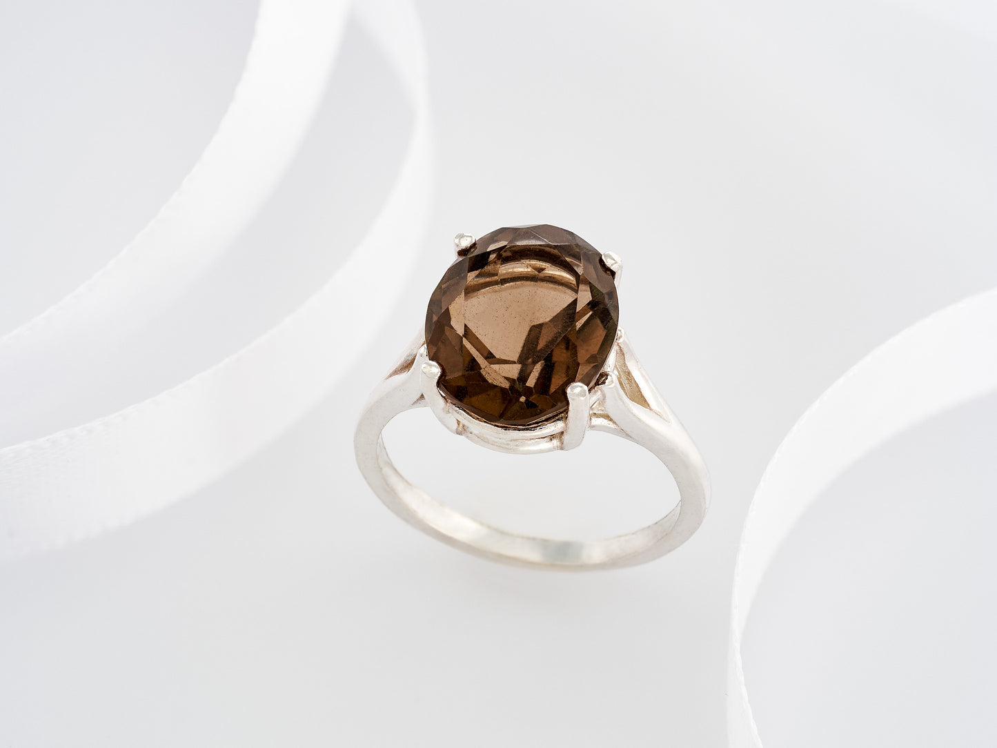 Large, Natural, Smoky Quartz Solitaire Ring.  Beautiful Brazilian Brown!  Sterling (925) Silver.  12x10mm Oval, 3.8 Carat.