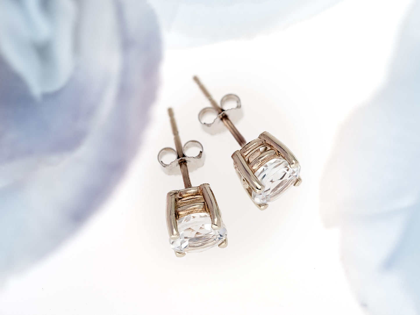 Natural, Genuine, White Topaz in 14K White Gold. Marvelous earrings! 6mm round, diamond cut.