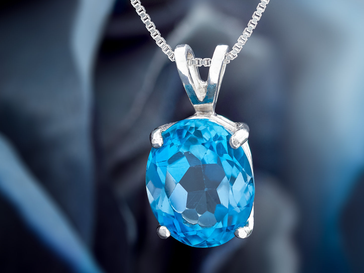 Classic Rich London Blue Topaz necklace. 11x9mm Oval, faceted, natural Brazilian Topaz. Sterling Silver.