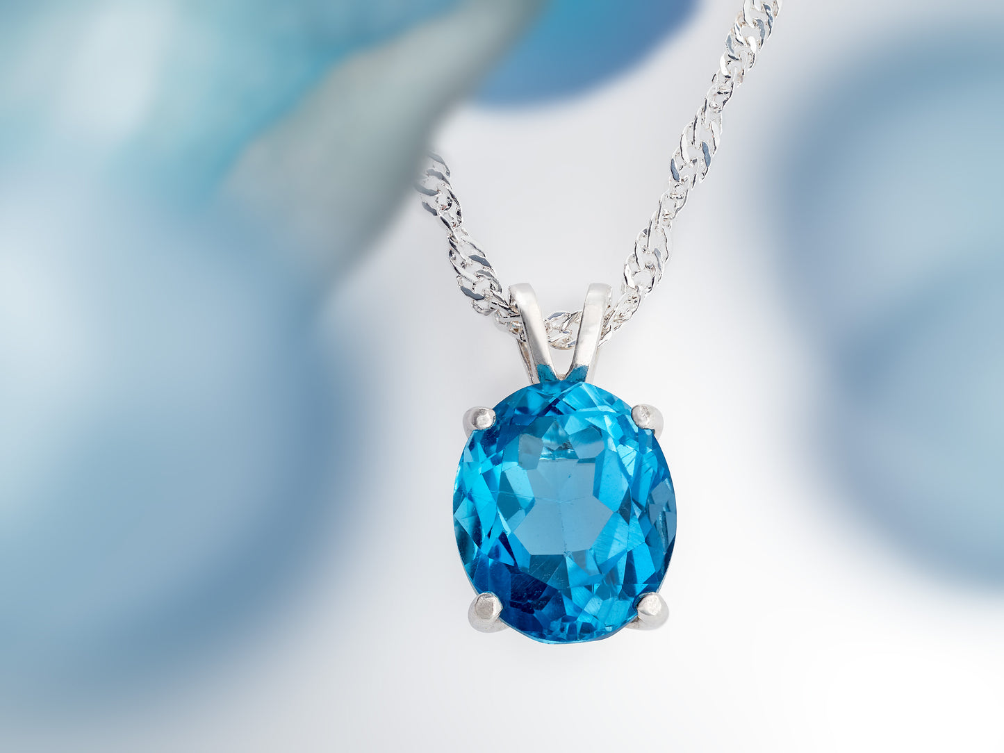 Classic Rich London Blue Topaz necklace. 11x9mm Oval, faceted, natural Brazilian Topaz. Sterling Silver.