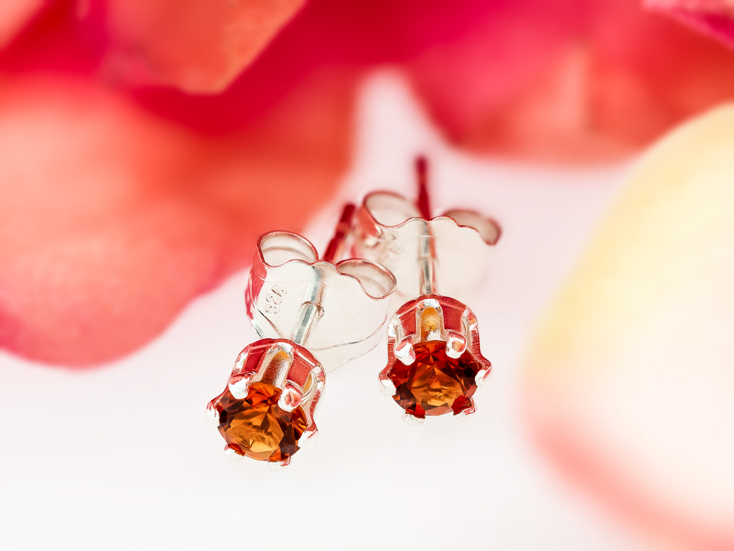 Rare Spessartite Garnet Earrings!  Reddish Orange, Natural, 3mm, Round Cut.  Sterling Silver, 6-Prong Earrings.