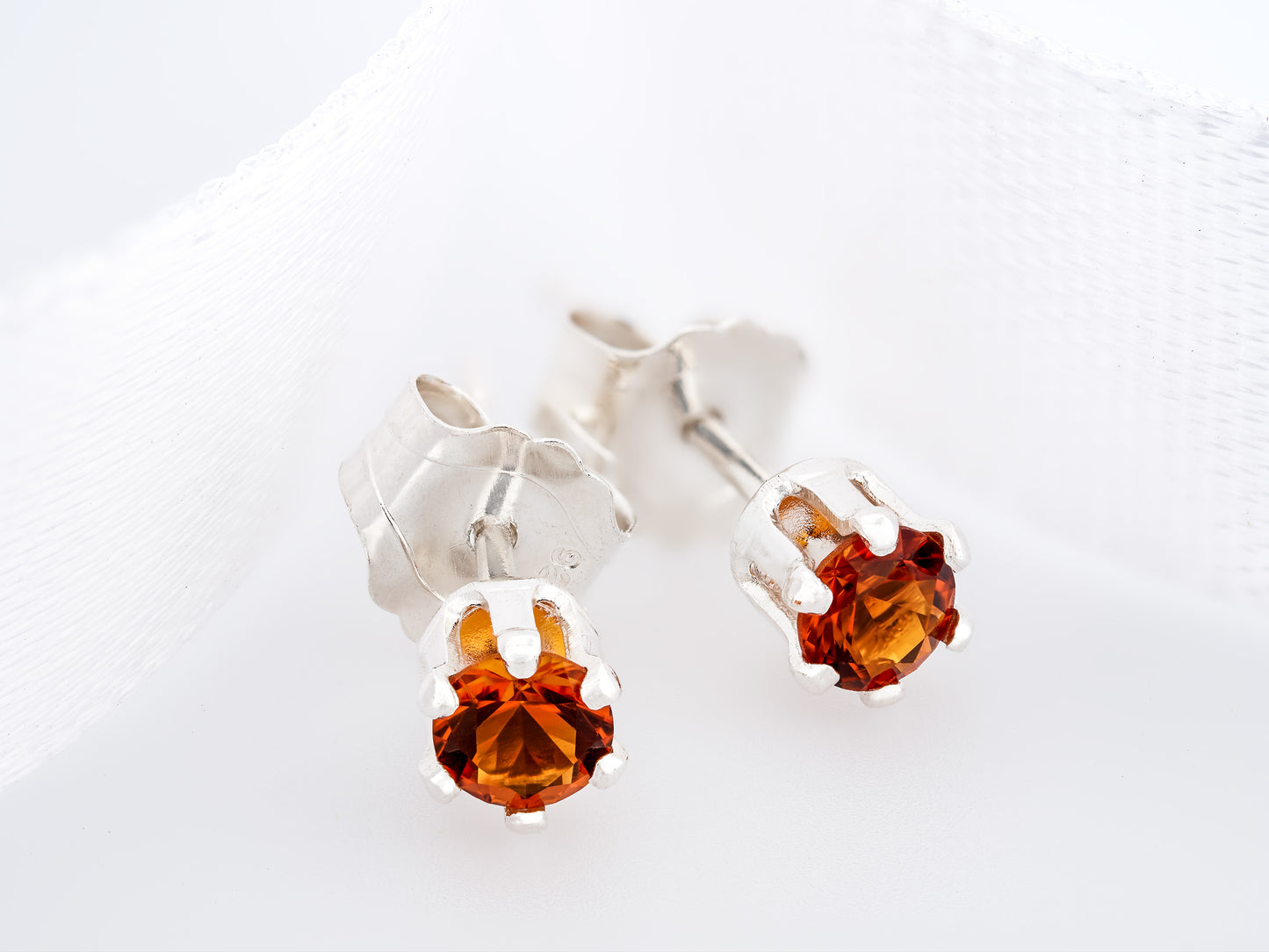 Rare Spessartite Garnet Earrings!  Reddish Orange, Natural, 3mm, Round Cut.  Sterling Silver, 6-Prong Earrings.