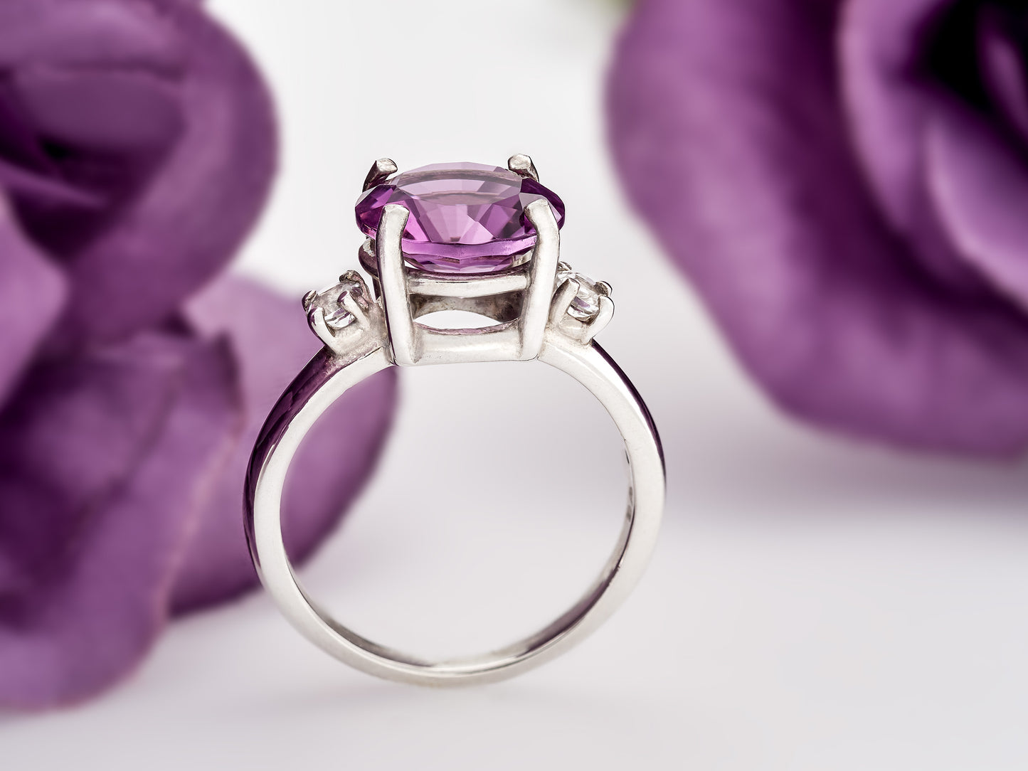 Rare Brazilian Amethyst Ring (smooth band), from our Minas Gerais Collection. 10mm, Dia Cut, 3ctw, VVS-IF.  White Topaz Accents.