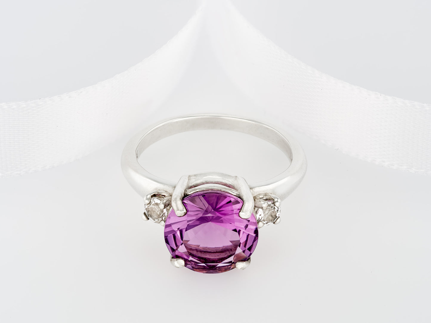 Rare Brazilian Amethyst Ring (smooth band), from our Minas Gerais Collection. 10mm, Dia Cut, 3ctw, VVS-IF.  White Topaz Accents.