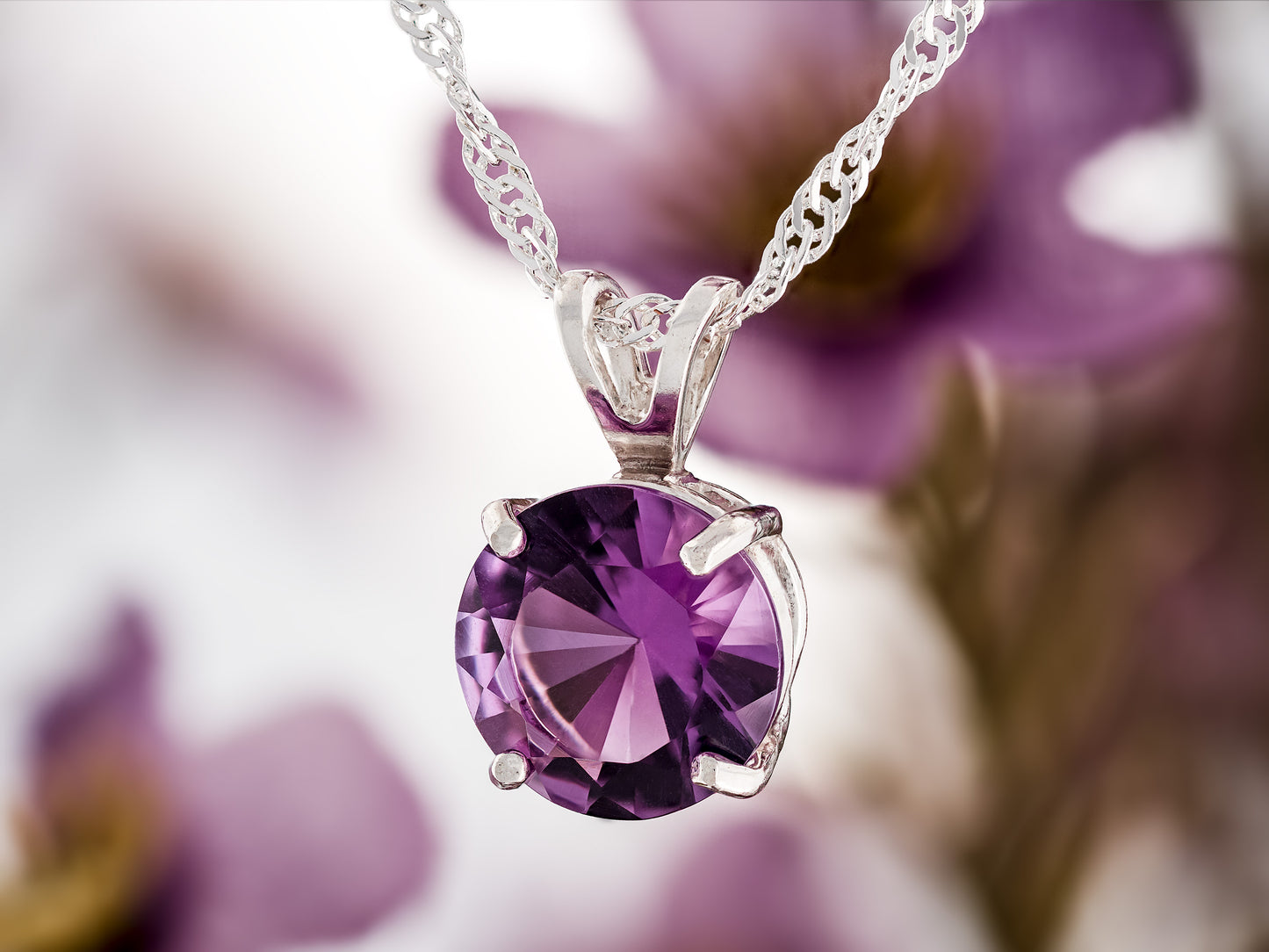 From our Minas Gerais Collection. Rare Brazilian Amethyst Gemstone. 10mm, Diamond Cut, 3ctw, VVS-IF. Premium Silver Pendant Necklace