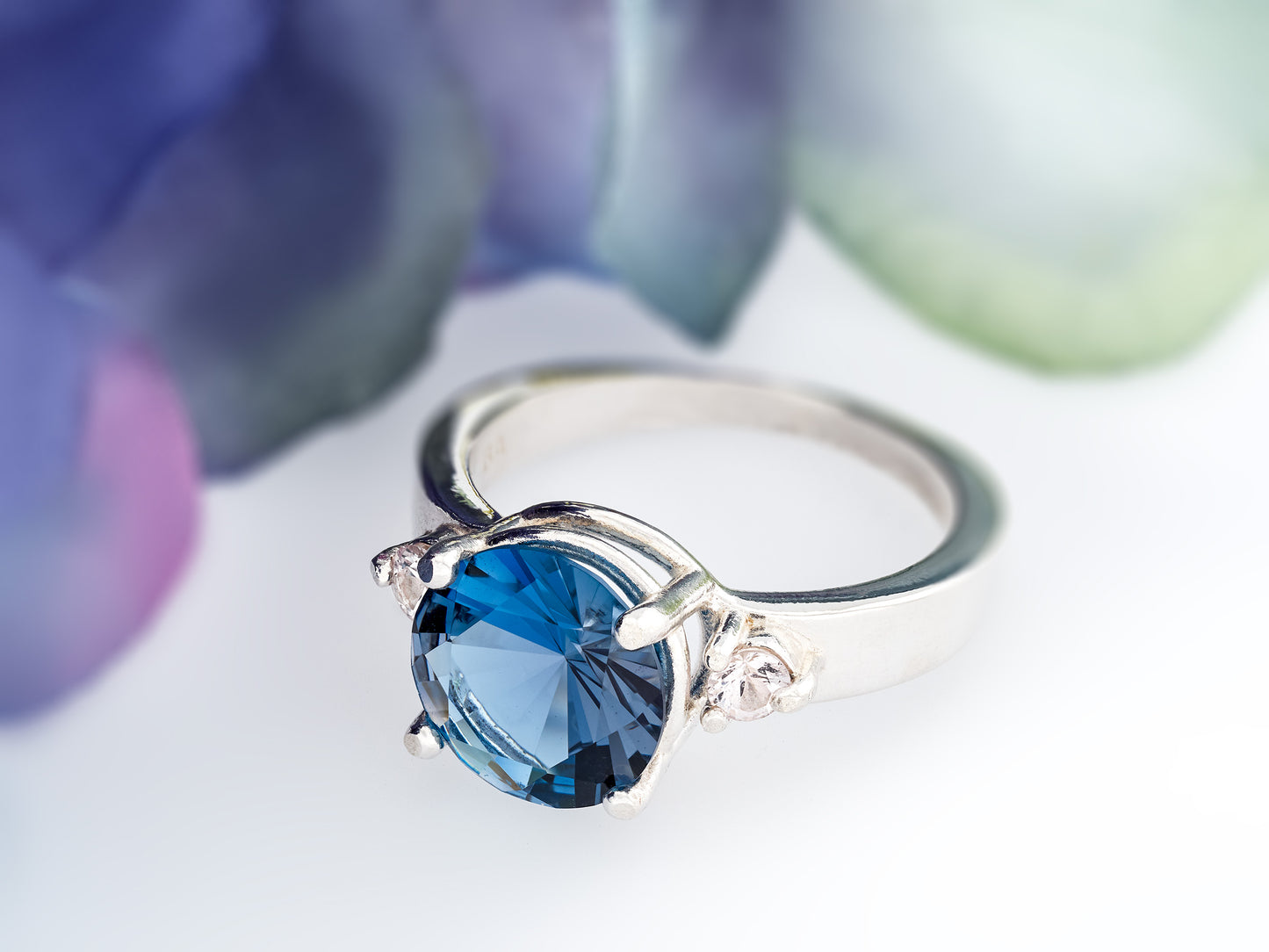 Large Concave Cut GEM quality London Blue Topaz Ring. Genuine, Brazilian, London Blue Topaz, White Sapphire accents. Premium Sterling Silver