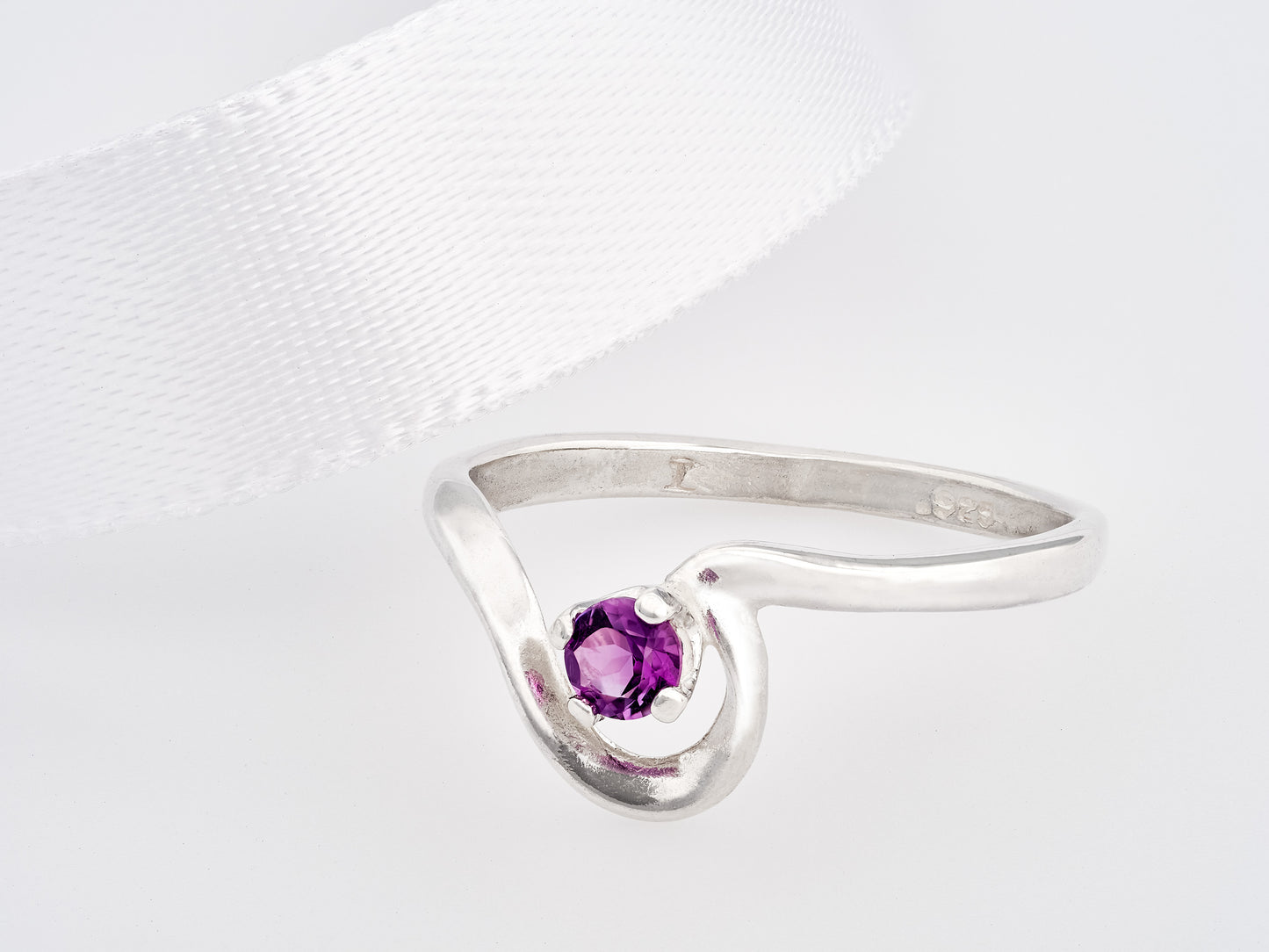 Natural African Amethyst February Birthstone Ring! Half Heart style. 3mm, Round, Faceted, Purple, African Amethyst. Silver.