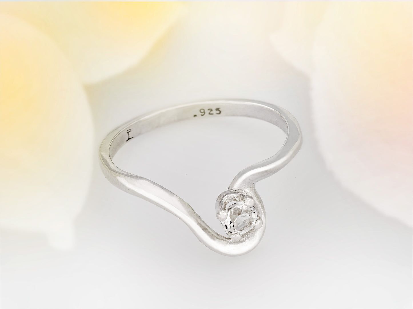 April birthstone, petite half heart style silver ring. 3mm round faceted White Topaz as the diamond alternative.