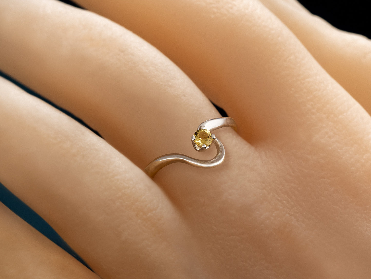 Natural Golden Yellow Beryl Ring! Half Heart style. 3mm Round, Faceted, Natural Yellow Beryl. Sterling Silver hook style ring.