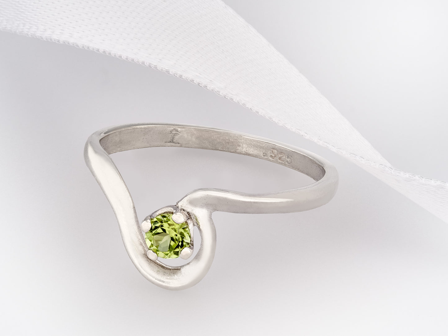 Peridot Silver Half Heart Ring.  3mm, Round Faceted, Natural Green Peridot Gemstone.