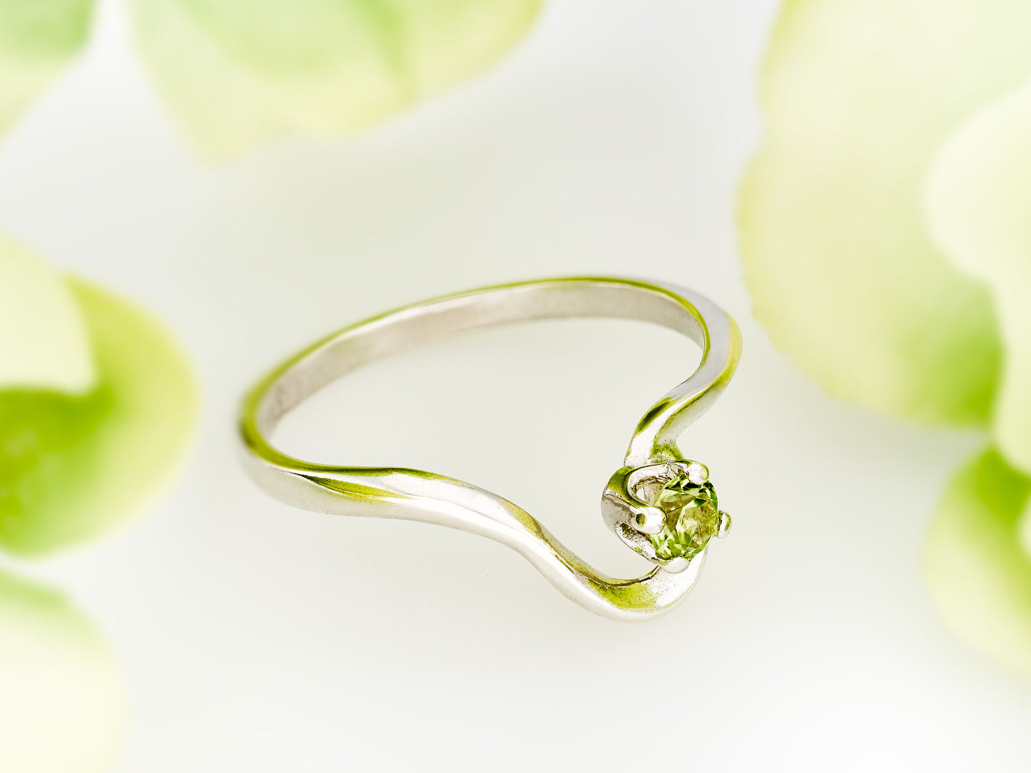 Peridot Silver Half Heart Ring.  3mm, Round Faceted, Natural Green Peridot Gemstone.