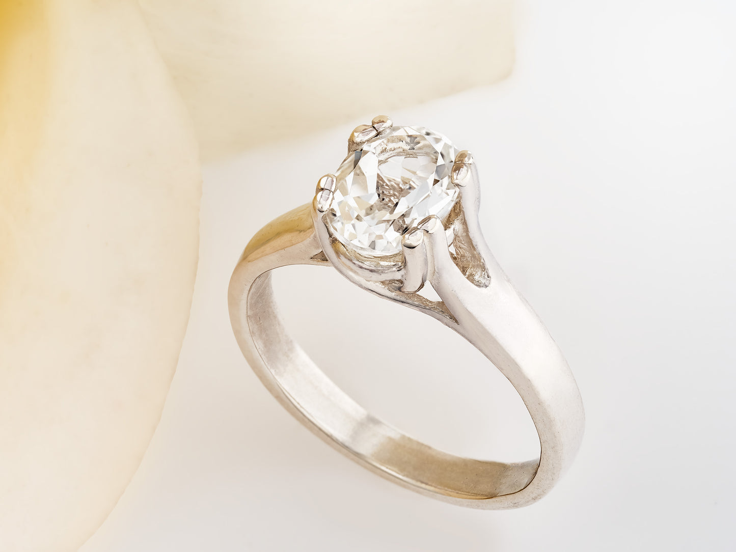 Gorgeous White Topaz Ring! Natural Gem from Brazil. Premium Silver. Wide band. Double 4-prong tray.