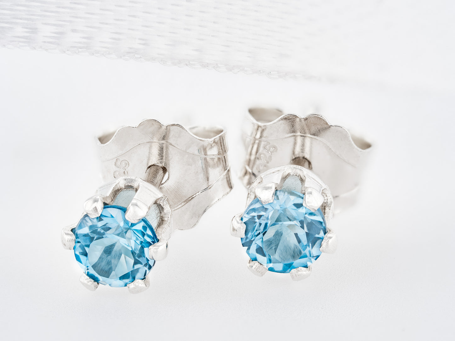 Wonderful Swiss Blue Topaz Earrings - 3mm Diamond Cut. Bright Gemstones. Sterling Silver, 6-Prong Studs.