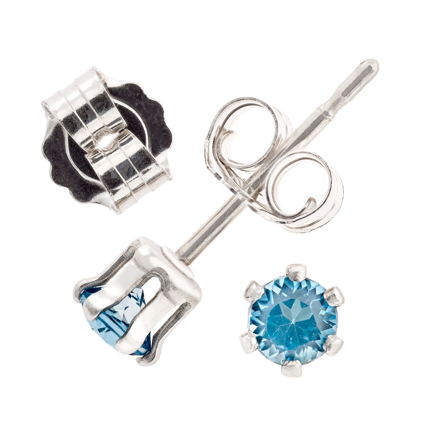 Wonderful Swiss Blue Topaz Earrings - 3mm Diamond Cut. Bright Gemstones. Sterling Silver, 6-Prong Studs.