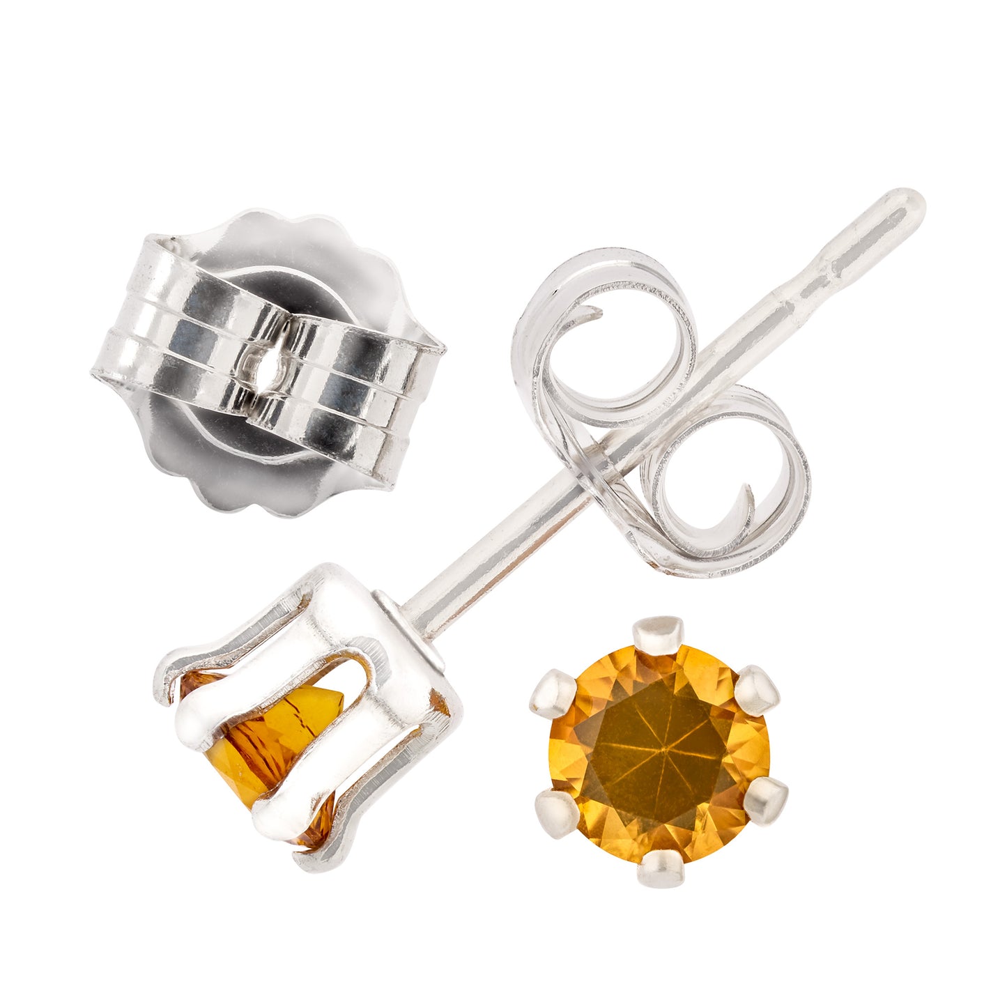 Golden Yellow - Orange  Citrine Earrings - 3mm Dia Cut.  Grade AAA. Sterling Silver, 6-Prong Studs.