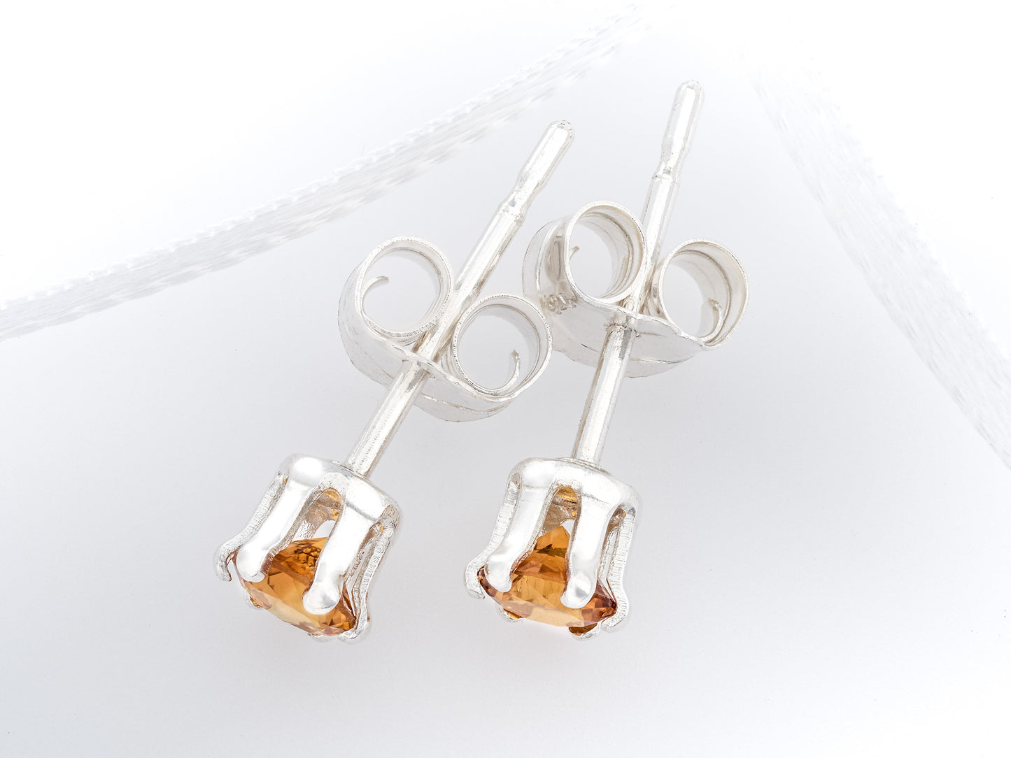 Golden Yellow - Orange  Citrine Earrings - 3mm Dia Cut.  Grade AAA. Sterling Silver, 6-Prong Studs.