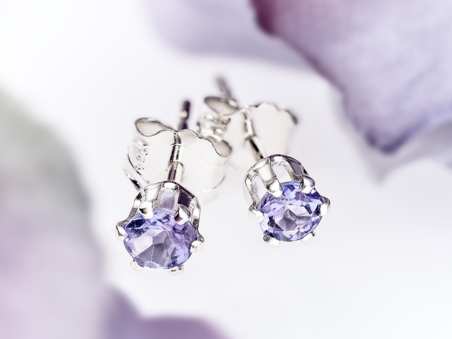 Tanzanite Earrings - 3mm Diamond Cut. Violet to Light Purple Color. Sterling Silver, 6-Prong Studs.