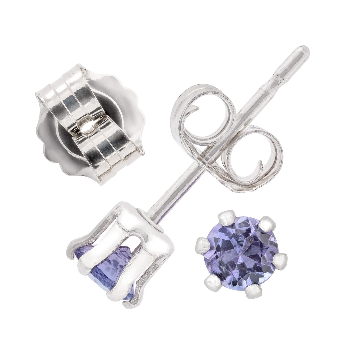 Tanzanite Earrings - 3mm Diamond Cut. Violet to Light Purple Color. Sterling Silver, 6-Prong Studs.