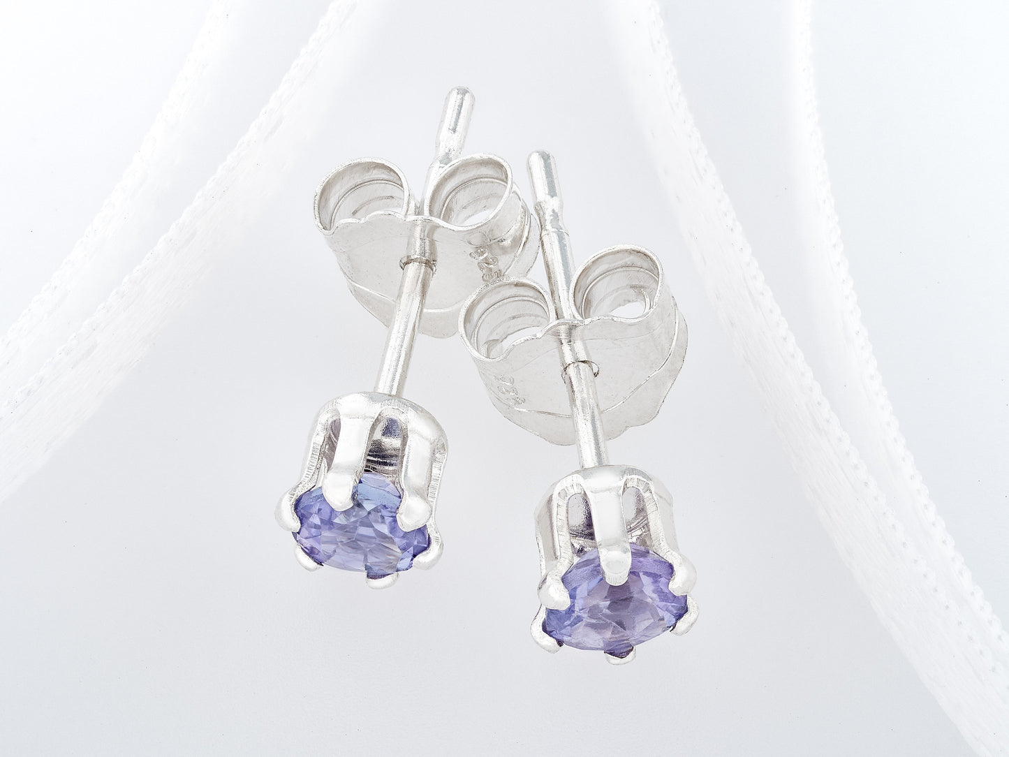 Tanzanite Earrings - 3mm Diamond Cut. Violet to Light Purple Color. Sterling Silver, 6-Prong Studs.