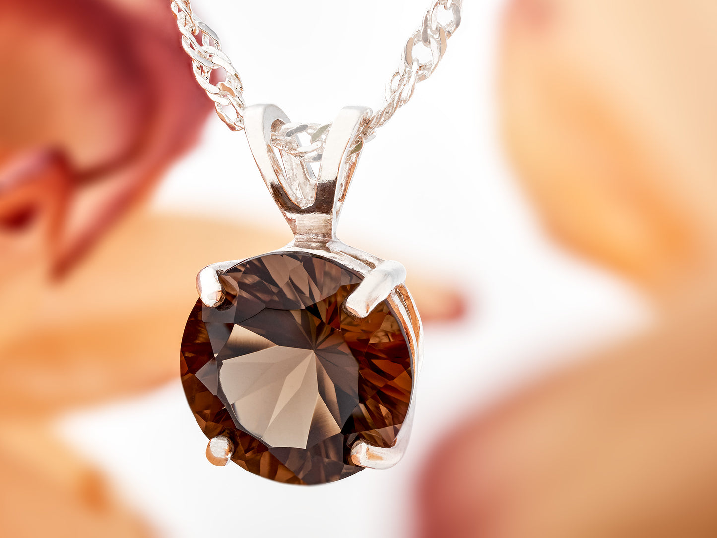 Natural, Large Brazilian Smoky Quartz Pendant Necklace! 10mm Round Concave Cut, Grade AAA. Premium Sterling Silver.