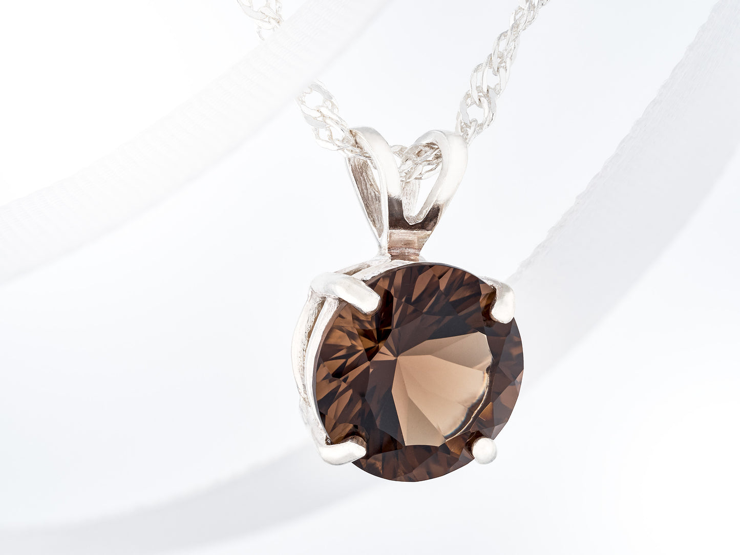 Natural, Large Brazilian Smoky Quartz Pendant Necklace! 10mm Round Concave Cut, Grade AAA. Premium Sterling Silver.