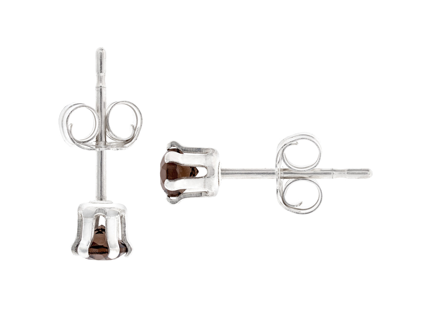 Natural Brazilian, Smoky Quartz Earrings - 3mm Diamond Cut. Beautiful Brown. Sterling Silver, 6-Prong Studs.