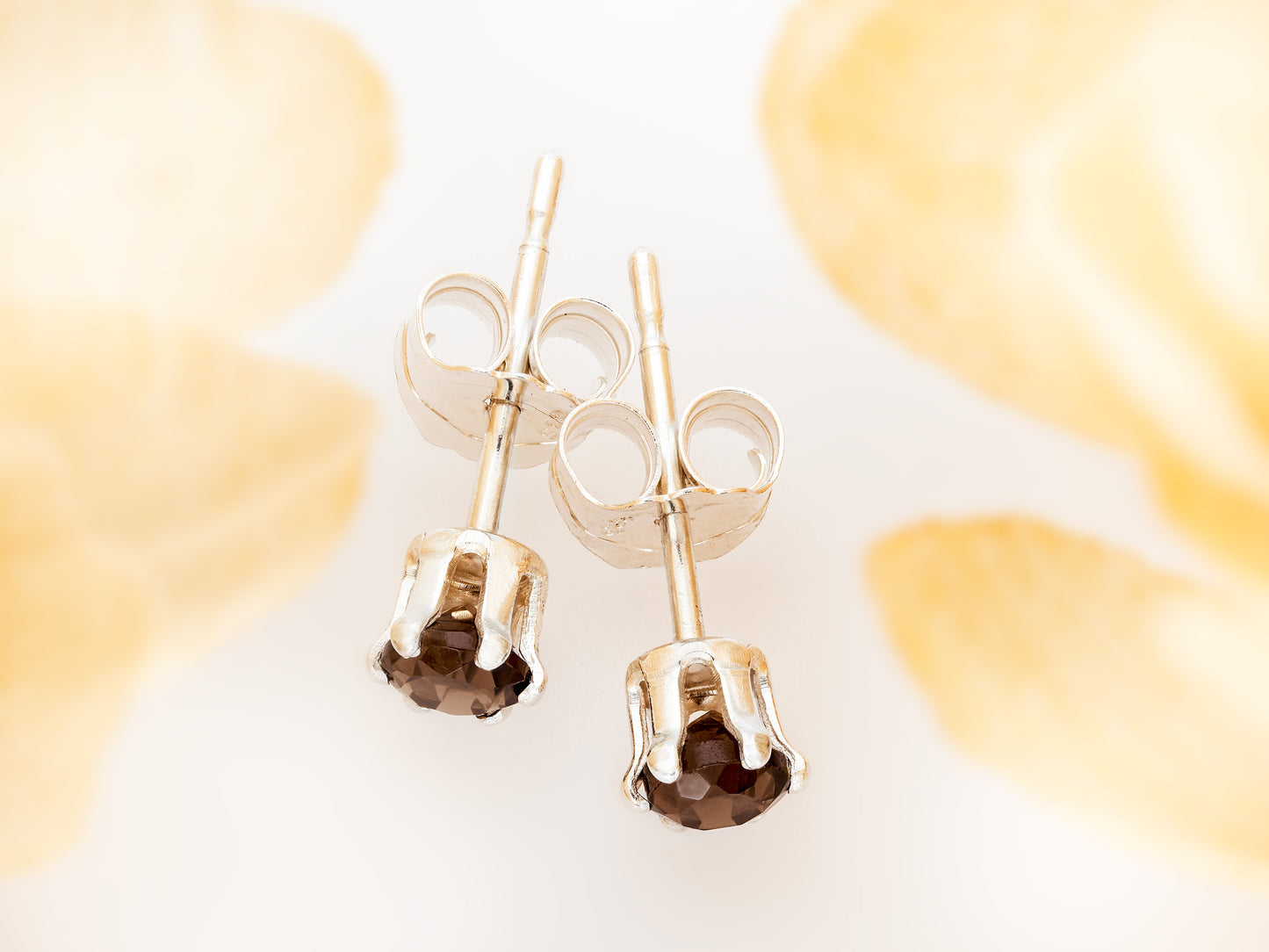 Natural Brazilian, Smoky Quartz Earrings - 3mm Diamond Cut. Beautiful Brown. Sterling Silver, 6-Prong Studs.