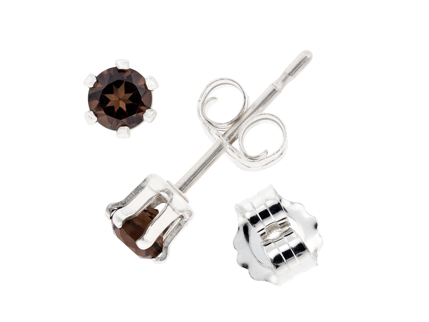 Natural Brazilian, Smoky Quartz Earrings - 3mm Diamond Cut. Beautiful Brown. Sterling Silver, 6-Prong Studs.