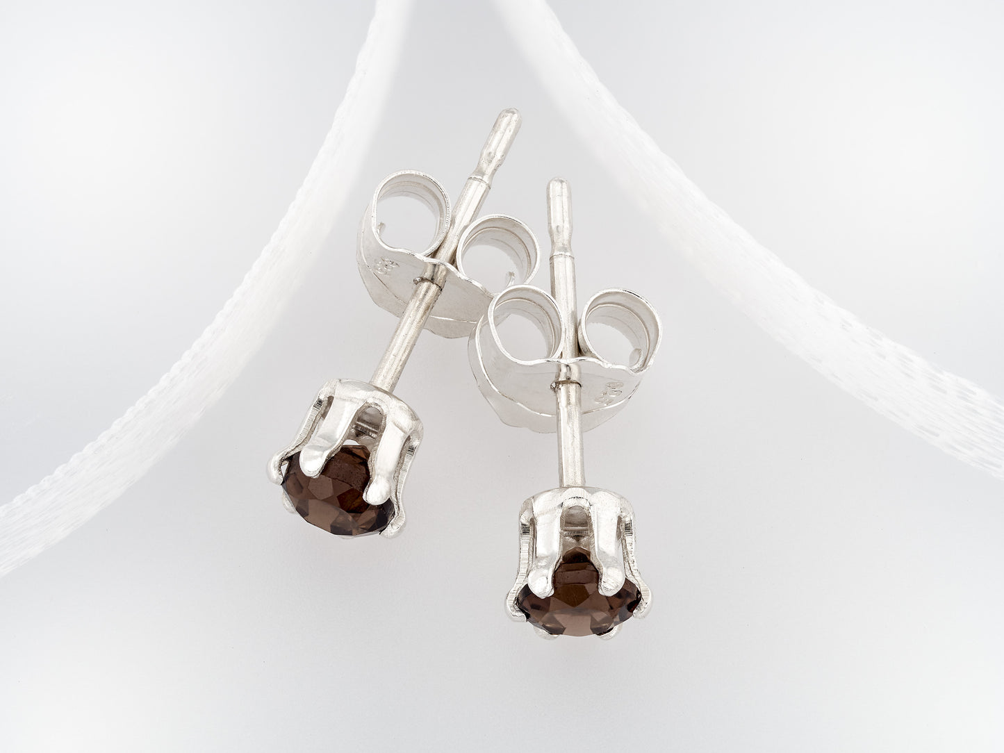 Natural Brazilian, Smoky Quartz Earrings - 3mm Diamond Cut. Beautiful Brown. Sterling Silver, 6-Prong Studs.