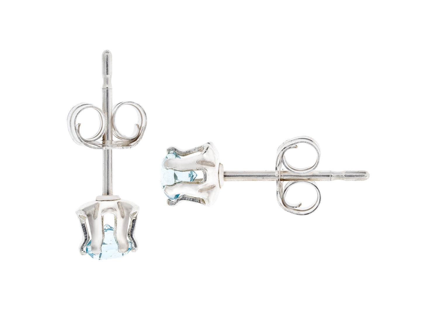 Light Blue Aquamarine!  Natural, 3mm Diamond Cut, Buttercup style Earrings! Sterling Silver, 6-Prong Studs.  Backs+Case, Gift Box Option