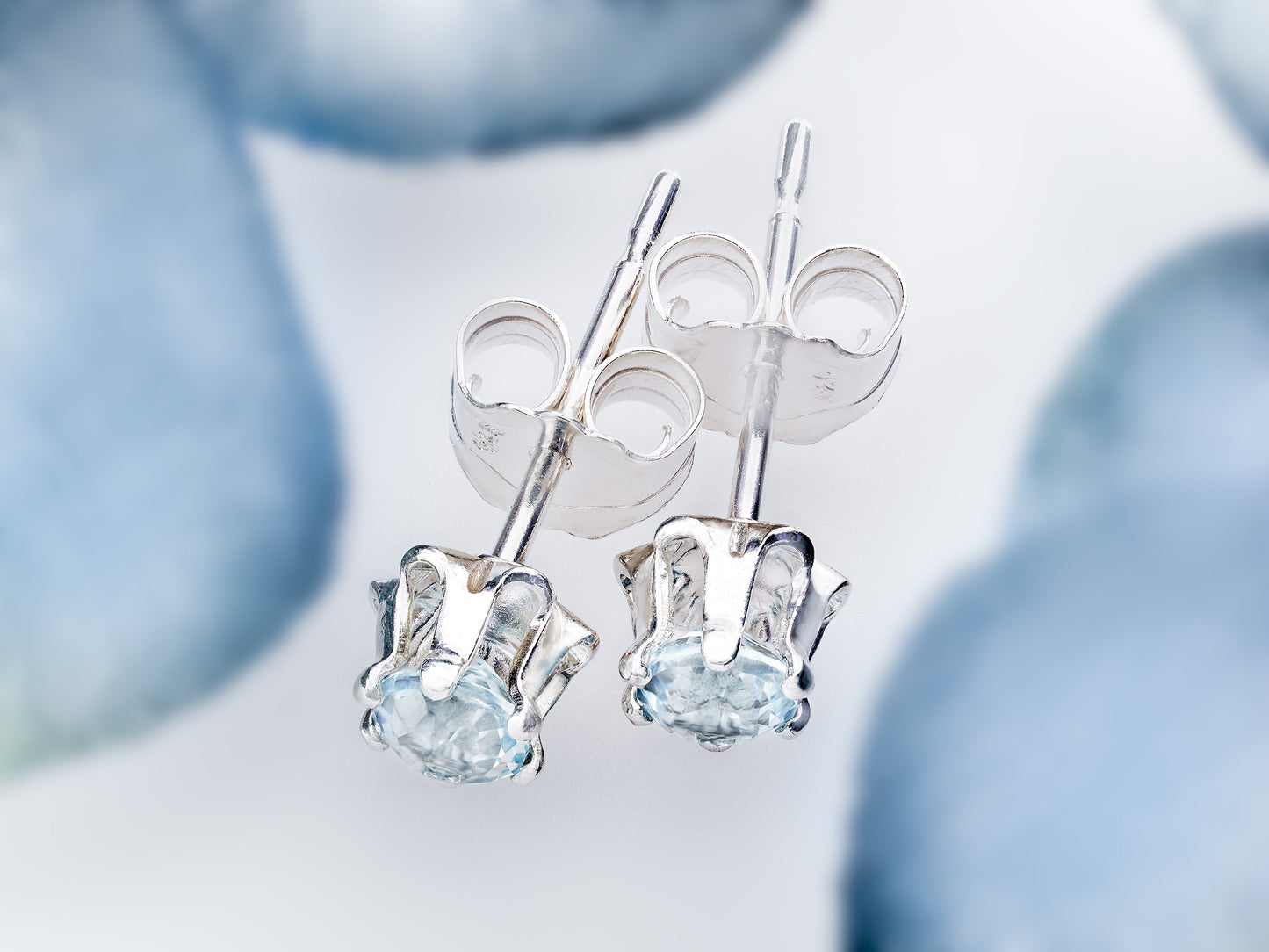 Light Blue Aquamarine!  Natural, 3mm Diamond Cut, Buttercup style Earrings! Sterling Silver, 6-Prong Studs.  Backs+Case, Gift Box Option