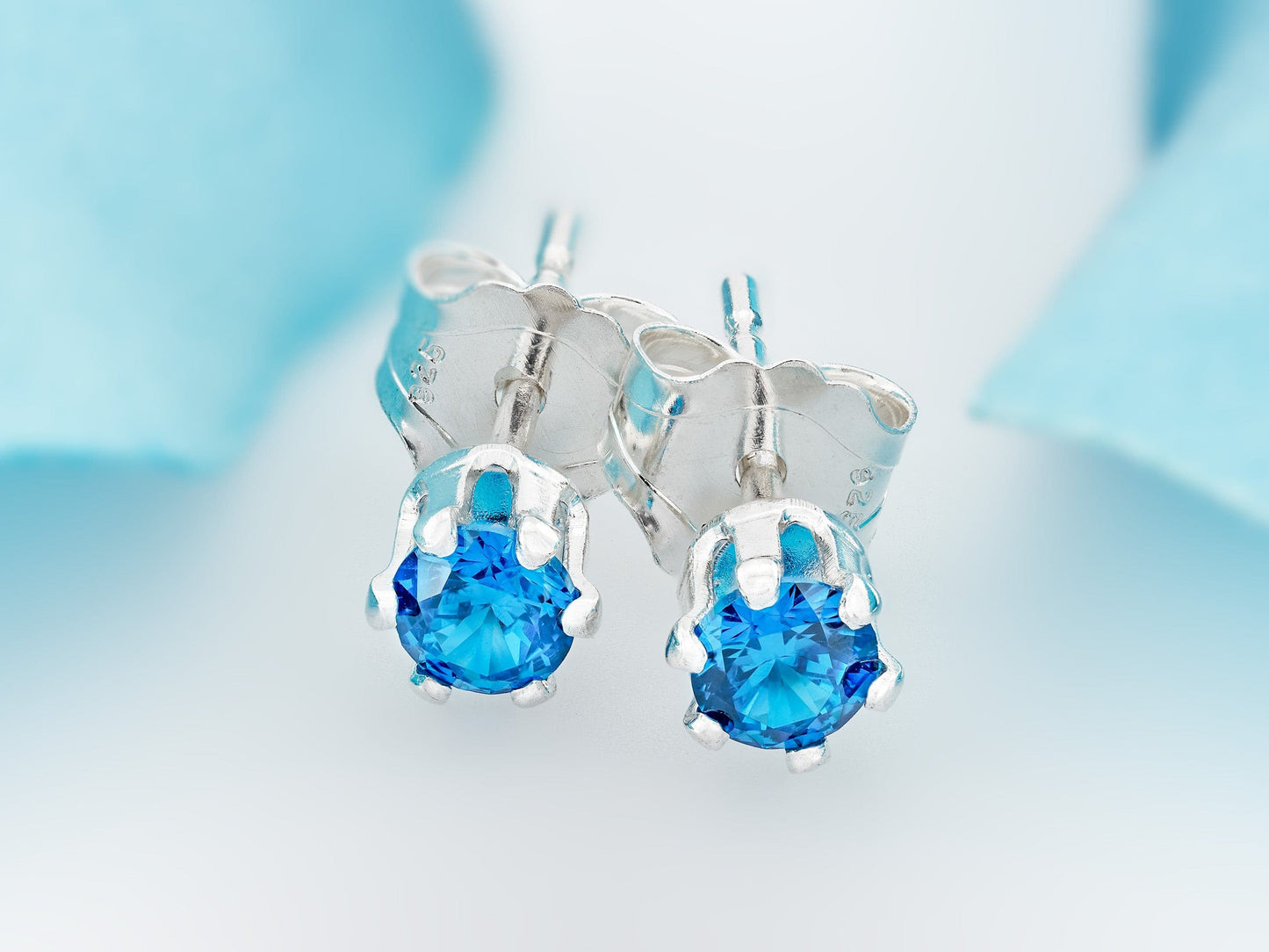 Vivid Medium Royal Blue Sapphire Earrings. 3mm Round. Chatham Gemstones. Sterling Silver, 6-Prong Classic settings.