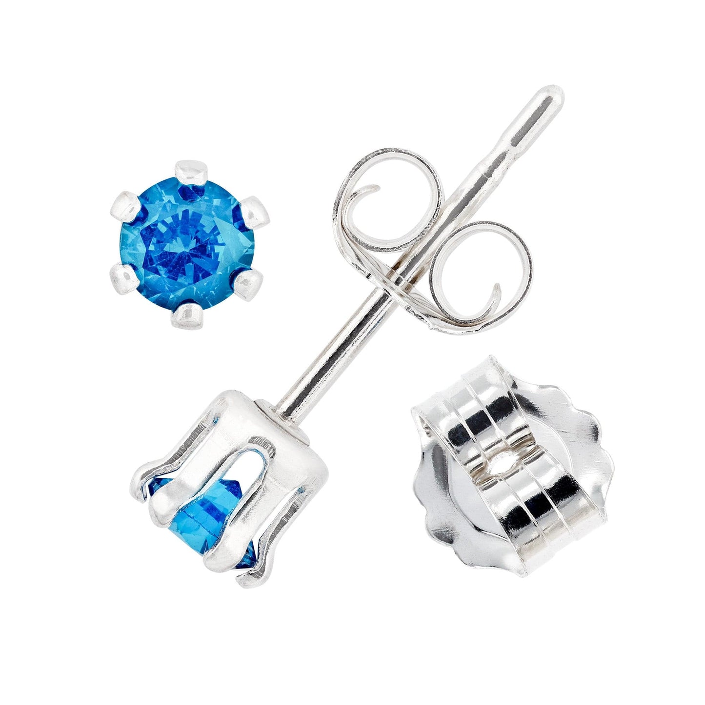 Vivid Medium Royal Blue Sapphire Earrings. 3mm Round. Chatham Gemstones. Sterling Silver, 6-Prong Classic settings.