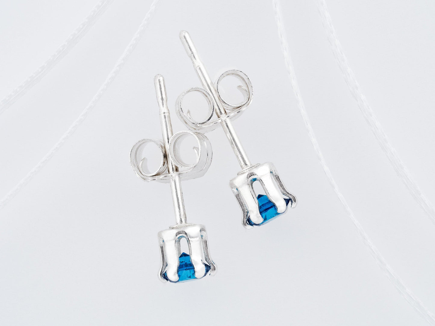 Vivid Medium Royal Blue Sapphire Earrings. 3mm Round. Chatham Gemstones. Sterling Silver, 6-Prong Classic settings.