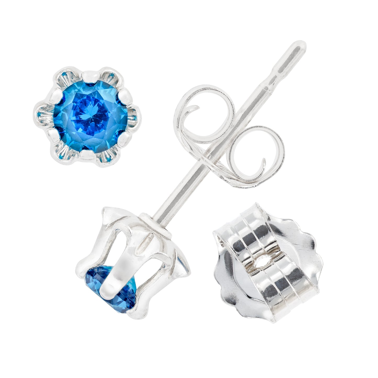 Beautiful Medium Royal Blue Sapphire Earrings. 3mm Round. Chatham Gemstones. Sterling Silver, 6-Prong Studs, Buttercup style.