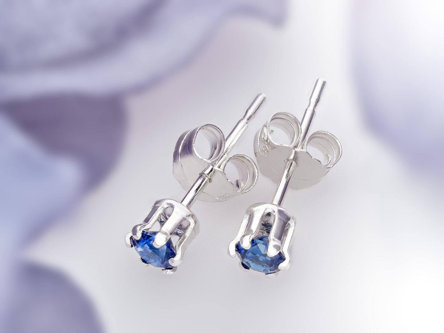 Velvety medium Blue Sapphire Earrings. 3mm round Chatham gemstones. 6-prong sterling silver studs.